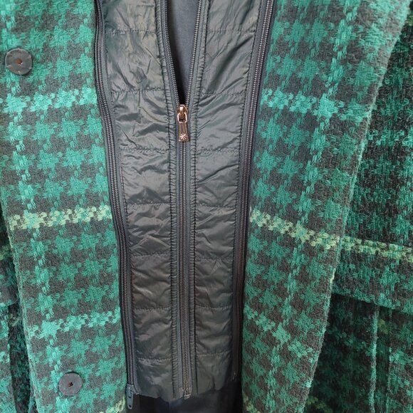 Isaac Mizrahi Navy and Green Plaid Trench Coat With Lined Removable Hood Sz 16 - Picture 3 of 11